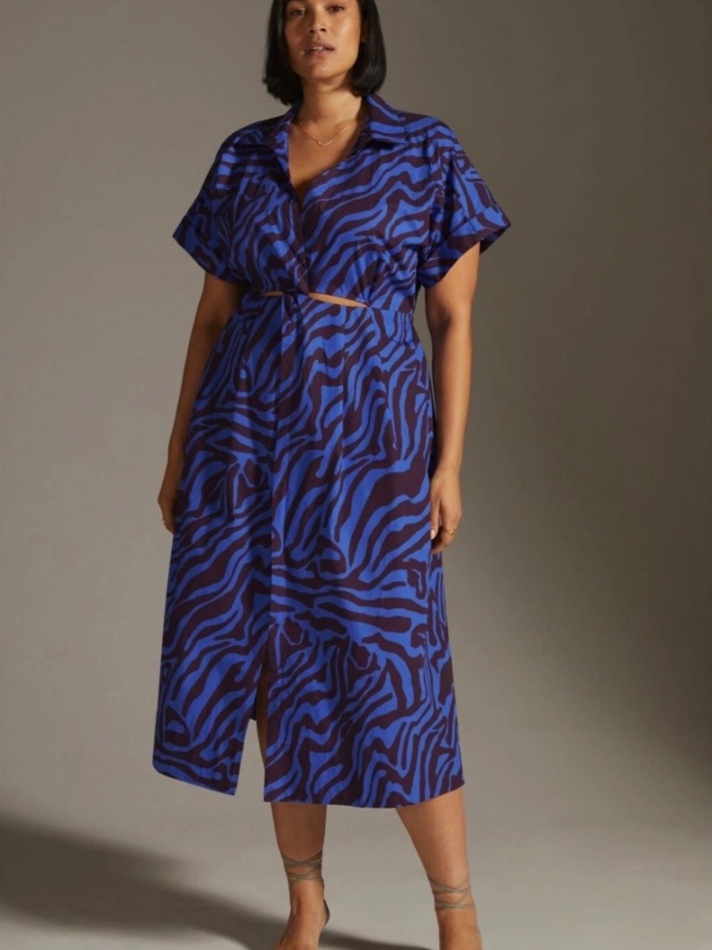 Anthropologie Twist Waist Midi Shirtdress Maxi Dress In Blue Motif